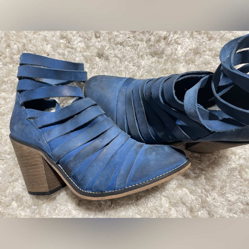 Free People Blue Chunky Heel Ankle Boots.